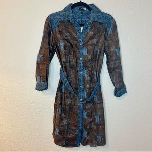 NWT Woodin Le Createur Mixed Print Blue Brown Women’s Belted Dress Size 12